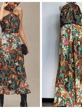 NWT Anthropologie BI-nk Elainne Halter Silky Floral Maxi Dress, XL